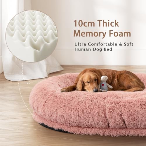 ROOMTEC Human Dog Bed, 78''x51''x12'' Size Fits Adult and Pet Washable Giant People Bed 10 CM Thick Memory Foam Large Oversize Pet Bed with Plump Pillow, Blanket, Strap - Pink