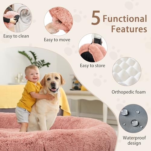 ROOMTEC Human Dog Bed, 78''x51''x12'' Size Fits Adult and Pet Washable Giant People Bed 10 CM Thick Memory Foam Large Oversize Pet Bed with Plump Pillow, Blanket, Strap - Pink