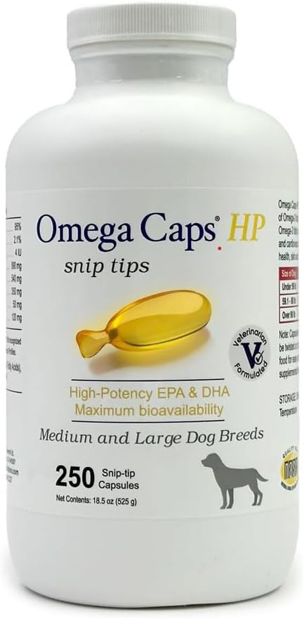 Omega-Caps HP Fish Oil for Dogs | High Potency EPA & DHA Omega-3 Supplement | Supports Skin, Coat, Joint, Heart & Immune Health | Snip Tip Capsules | Medium & Large Dogs | 250 Count