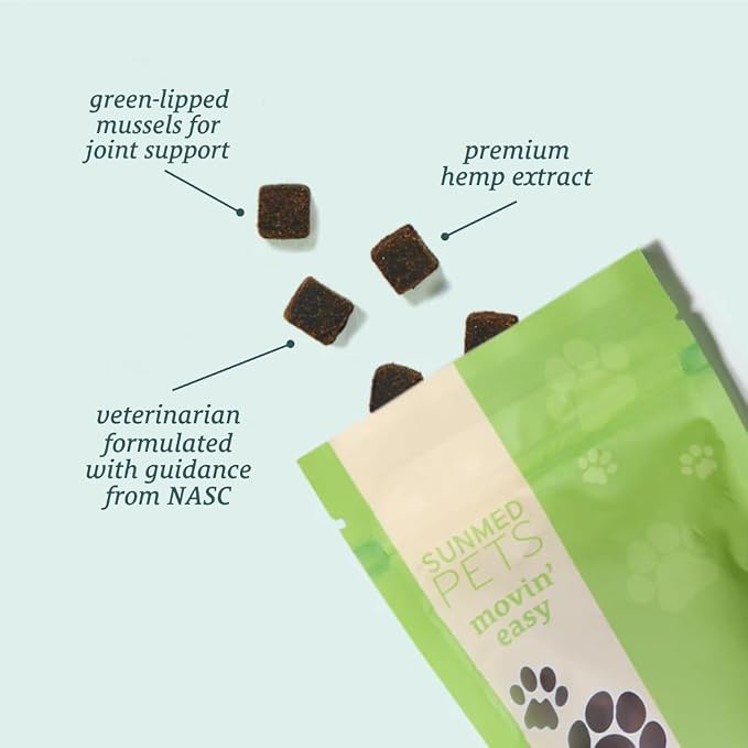 Sunmed Movin' Easy Hemp Pet Chews for Joint Health & Mobility – Omega-3, Green Lipped Mussels, 5mg Hemp Extract – Supports Flexibility & Comfort | Beef Liver & Sweet Potato, 40 Count