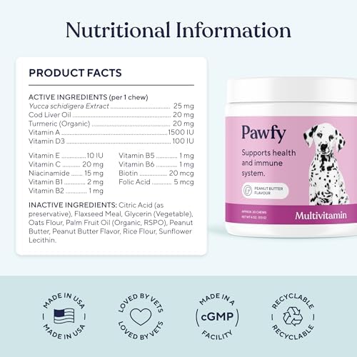 Pawfy 15 in 1 Dog Multivitamin - Skin, Coat & Immune Support Chews | Turmeric, Cod Liver Oil, Biotin & Vitamin C in One Daily Bite | Everyday Wellness for Healthy Pup or Senior Dog - 30 Chews