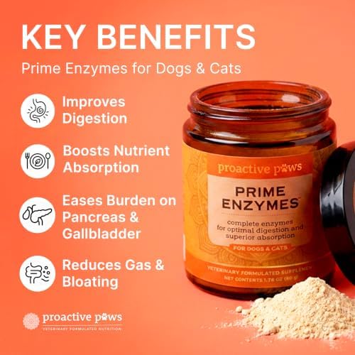 PROACTIVE PAWS Prime Enzymes – Digestive Enzyme Supplement for Dogs and Cats with Taurine, Papaya & Pineapple for Digestive Support and Nutrient Absorption