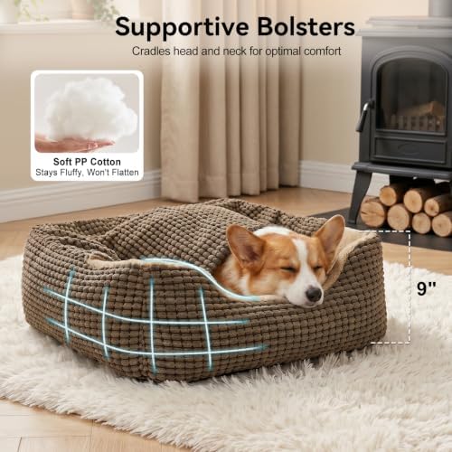 GASUR Dog Beds for Large Medium Small Dogs, Rectangle Cave Hooded Blanket Puppy Bed, Luxury Anti-Anxiety Orthopedic Cat Beds for Indoor Cats, Warmth and Machine Washable (30 inches, Brown)