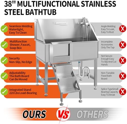 38" Pet Dog Bathing Station W/Stairs, Professional Stainless Steel Dog Grooming Tub W/Soap Box, Faucet,Rich Accessory, Dog Bathtub for Large,Medium,Small Pets, Washing Sink for Home,Left Door