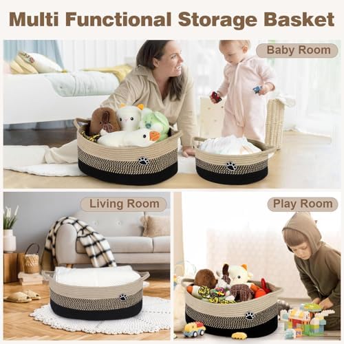 Optish Dog Toy Basket, 30L Toy Box and Bin for Dog Cat Storage, 19.7" X 11" X 7.9" Large Woven Rope Basket for Blanket Storage, Living Room, Bedroom, Black & Brown