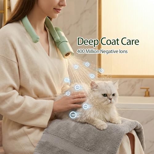 Neck Dryer for Pet Grooming 1400W High Velocity - Hands-Free Neck Band Pet Hair Blow Dryer, Low Noise Negative Ion Pet Grooming Dryer with 4 Heat/Cool Modes Quiet Neck Dryer for Dogs Cats Home & Salon