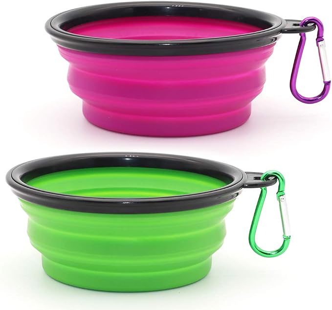 Dog Bowl Collapsible, 2 Pack, with Carabiners, Small, Green+Purple