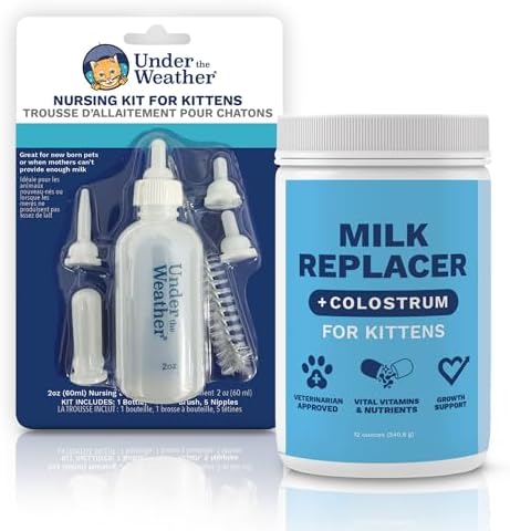 Under the Weather Kitten Milk Replacer Powder + Nursing Bottle Kit | Milk Replacement Formula with Colostrum, Feeding Bottle, 5 Nipple Sizes & Cleaning Brush | Complete Newborn Kitten Feeding Set