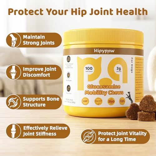 Glucosamine for Dogs, Hip & Joint Support Soft Chews with Chondroitin MSM, Green Lipped Mussel, Omega-3 & Turmeric, Joint Pain Relief,Mobility Support - Senior & Active Dogs, Chicken Flavor,100 Count