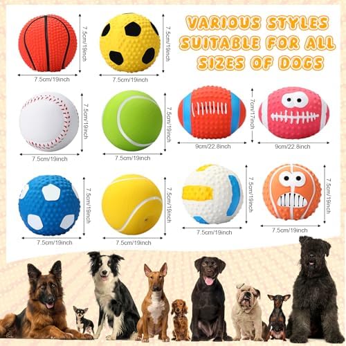 Gemscream 10 Pack 2.4" Squeaky Latex Dog Toys for Small Medium Puppy | Soft Rubber Bouncy Chew Ball, Interactive Dog Toys with Football Soccer Volleyball Basketball Tennis Baseball, Outdoor
