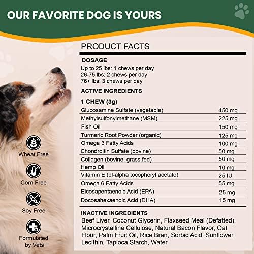 Veterinary Naturals Hemp & Hips Joint Supplement for Dogs/Supports Relief from Hip and Joint Pain in Large, Aging Dogs (Regular, Beef & Bacon)