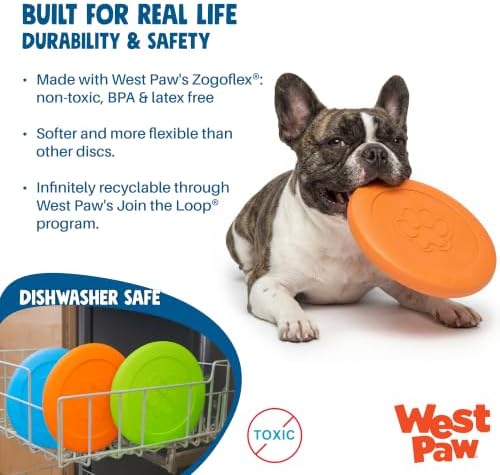 WEST PAW Zogoflex Zisc Dog Flying Disc, High Flying Aerodynamic Disc for Dogs Puppy – Lightweight, Floatable Disc for Fetch, Tug of War, Catch, Play – Doubles as Food/Water Bowl, Small 6.5", Glow