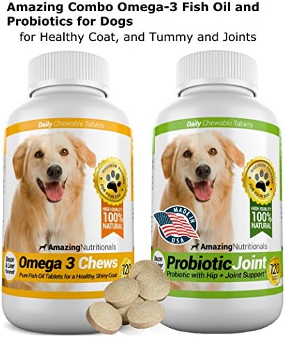 Amazing Combo Omega-3 Fish Oil and Probiotics for Dogs - Pure All-Natural Pet Antioxidant - Promotes Shiny Coat, Brain Health, Eliminates Diarrhea Gas and Joint Pain, 120 Tasty Chews x 2