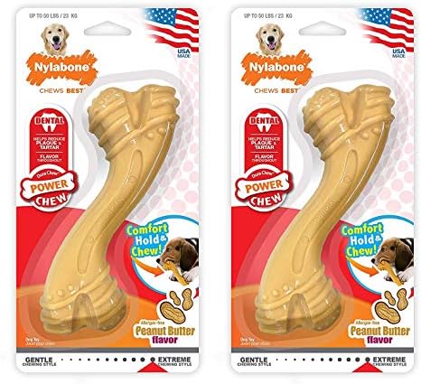 Nylabone 2 Pack of Allergen-Free Peanut Butter Flavor Comfort Hold Power Chew Bone, Giant, Dental Chew Dog Toy