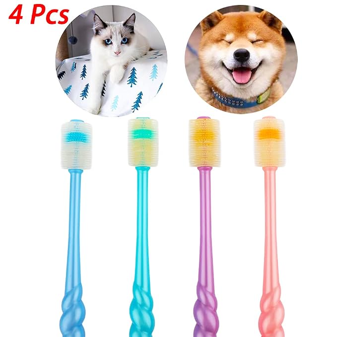 DQITJ 4 Pcs 360-Degree Small Dog and Cat Soft Toothbrush Soft Silicone Deep Pet Teeth Cleaning Kit (Colors May Vary)