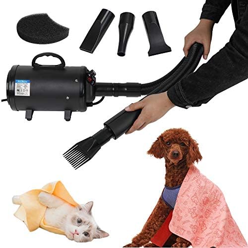 Dog Hair Dryer, 2400W Pet Grooming Dryer High Velocity Professional Blower with 4 Nozzles and 2 Filters, Adjustable Speed and Temperature Dog Hair Dryers, Black