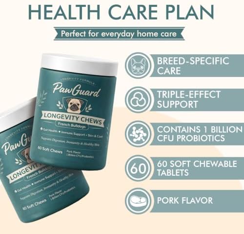 PawGuard French Bulldog Longevity Chews, Probiotics Digestive Enzymes Glucosamine and Chondroitin Soft Chews, Pork Flavor, Gut Skin Coat Immune Joint Support, 60 Count