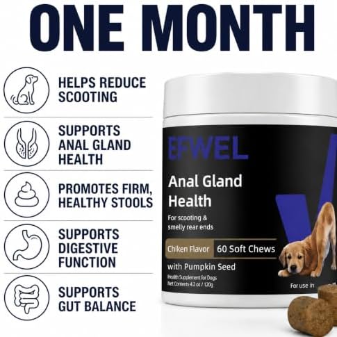 Anal Gland Soft Chew Treats with Pumpkin for Dogs, Digestive Enzymes, Probiotics Fiber Supplement, Peanut Butter Flavor, 60 Count