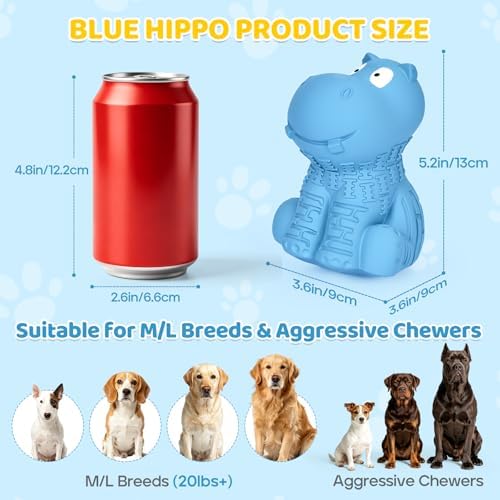 petizer Tough Squeaky Dog Toys for Aggressive Chewers - Durable Natural Latex Rubber Dog Toy with Real Beef Scent, Indoor & Outdoor Trainning Toy for Medium, Large Breeds - Blue Hippo