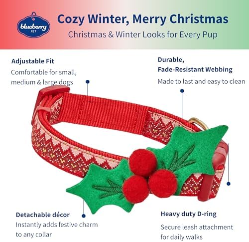Blueberry Pet Christmas Dog Collar for Small Dogs, Festive Chevron Design with Detachable Holly Décor & Bow, Adjustable Neck 12"-16"