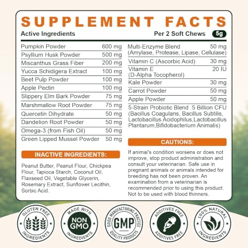 Anal Gland Support for Dogs, Pumpkin Fiber Chews with Probiotics Digestive Enzymes, Helps Manage Scooting & Rear Odors, Promotes Firm Stools & Dog Bowel Health, Peanut Butter Chews, 120 Ct