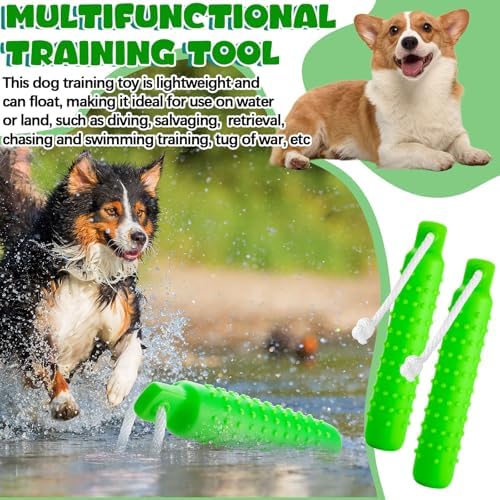 Blueweenly Green Dog Bumper Toy Training Dummy, 4 Pcs | Plastic Lightweight Floats on Water, Textured with Rope for Fetch, Pool Outdoor Retrieving, Summer Water Play