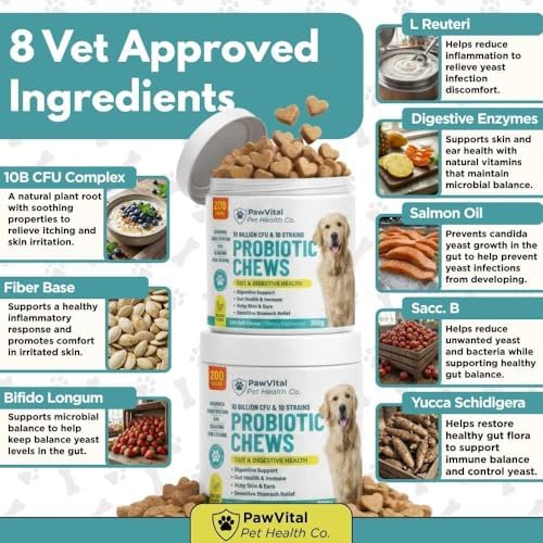 Dog Probiotic Chews for Digestive Health – Probiotics for Dogs with 10 Billion CFU, Prebiotics, Digestive Enzymes – Gut Health, Yeast, Itchy Skin & Itchy Ears – Diarrhea & Constipation – 200 Chews