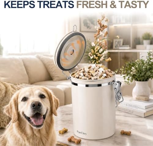 Dog Treat Container Airtight with Lid and Scoop - Stainless Steel Pet Treat Jar for Dog Cat Training Treats Storage - Moisture Proof Canister Keeps Treats Fresh (1.8L)