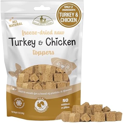 Fieldcrest Farms Freeze-Dried Raw Turkey & Chicken Dog Food Toppers or Treats, All Natural Real Ingredients, No Additives or Fillers, Protein & Flavor Boost, 12 oz