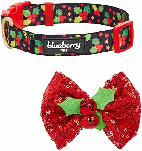 Blueberry Pet Christmas Holly Dog Collar with Bowtie, Small Adjustable 12"-16" Neck, Holiday Collar for Small Dogs