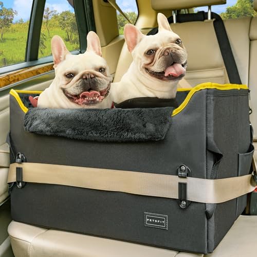 PETSFIT Dog Booster Car Seat, Medium/2 Small Dogs, 2 Safety Leashes, Storage Pockets, Under 45 lbs, Black