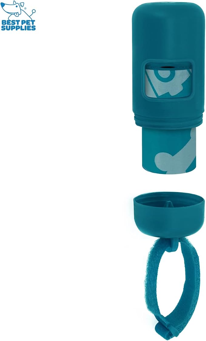 Best Pet Supplies Dog Poop Bag Holder Leash Attachment with 30 Bags, Reusable Dispenser for Travel, Walking, Park, and Outdoor Use, Durable with Clip-On - Turquoise, Pack of 2