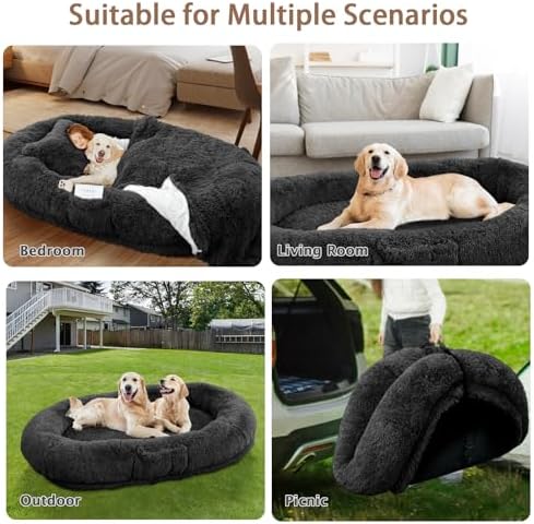 ROOMTEC Human Dog Bed, 71''x45''x12'' Size Fits Adult Pet Washable Oversize People Bed 10 CM Thick Memory Foam Large Giant Pet Bed with Plump Pillow, Blanket, Strap - Black