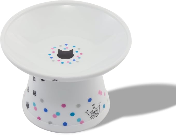 Necoichi Raised Cat Food Bowl Ceramic Elevated Cat Bowl for Whisker & Neck Fatigue, Dishwasher Microwave Safe Non-Slip & Anti Vomiting Ergonomic Design (Colorful Dots, Extra Wide, 2-Cups Capacity)