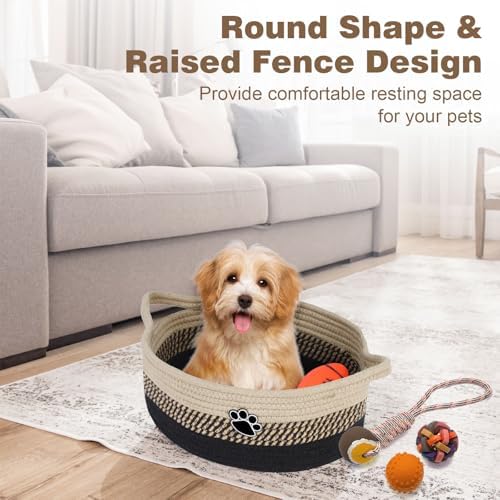 Optish Dog Toy Basket, Toy Box and Bin for Dog Cat Storage, 13.5" X 11" X 5" Small Woven Rope Basket for Baby Storage, Closet, Living Room, Brown & Black
