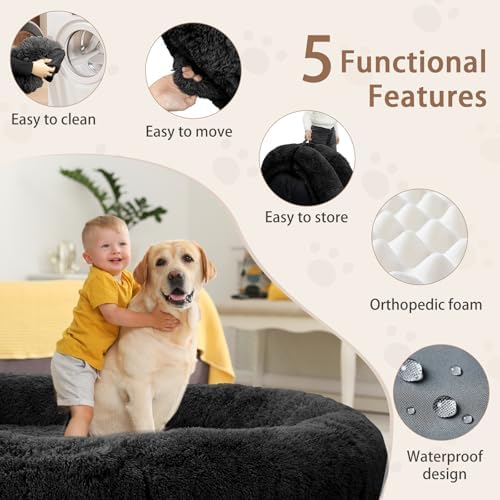 ROOMTEC Human Dog Bed, 71''x45''x12'' Size Fits Adult Pet Washable Oversize People Bed 10 CM Thick Memory Foam Large Giant Pet Bed with Plump Pillow, Blanket, Strap - Black