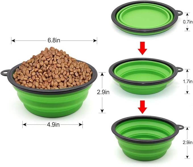 Large Dog Bowl Collapsible, 2 Pack, with Carabiners, Large, Blue+Green