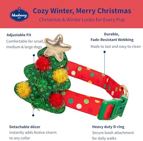 Blueberry Pet Polka Dot Christmas Dog Collar with Tree Décor, Small Adjustable 12"-16" Neck, Festive Holiday Collar for Small Dogs