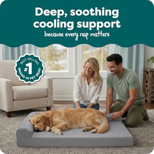 Furhaven Cooling Gel Dog Bed for Large Dogs w/ Removable Bolsters & Washable Cover, For Dogs Up to 95 lbs - Pinsonic Quilted Paw L Shaped Chaise - Titanium, Jumbo/XL