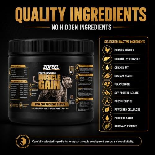 Dog Muscle Gain Power Chews, 11-in-1 Dog Amino Acid Supplement with Glucosamine, Salmon Oil, Ashwagandha, Turmeric & BCAAs, 120 Soft Chews 10.58oz