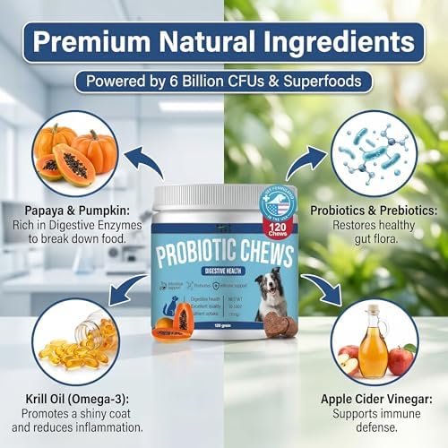 Probiotics for Dog 120 chews,Enzymes and Gut Support,Anti-Diarrhea,Promotes Digestive Health,Seasonal Allergies,Immune System,Probiotics with Papaya Pumpkin Krill Oil- Vet Approved Dog Probiotic Chews