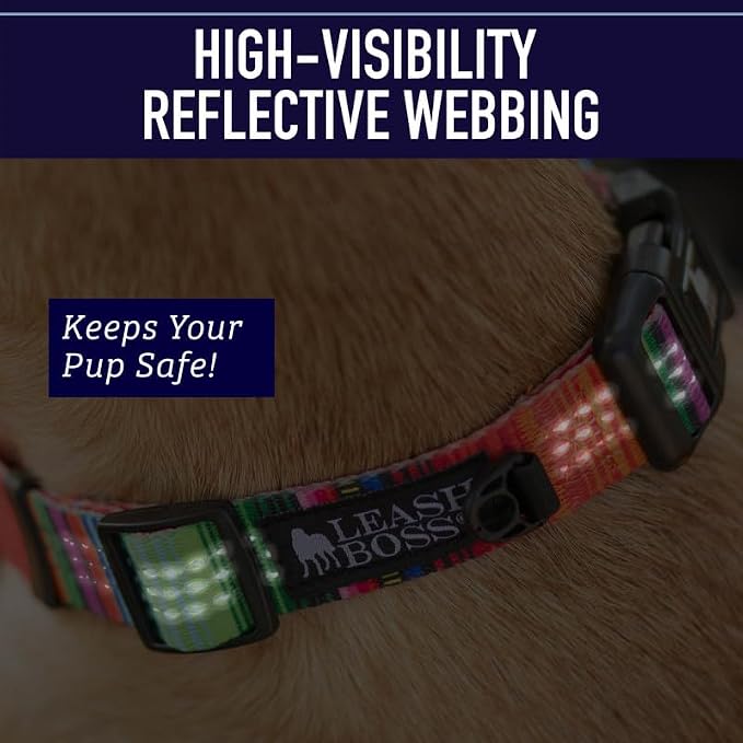 Leash Boss Patterned Reflective Dog Collar, Pattern Collection, Colorful Dog Collar with Triple Reflection Threads for Small, Medium and Large Dogs (Small 11.5"-16" Neck x 3/4" Wide, Wave Pattern)