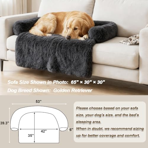 Calming Dog Bed Fluffy Plush Dog Mat for Furniture Protector with Removable Washable Cover for Large Medium Small Dogs and Cats (Extra Large(53x39.3x6), Dark Grey)