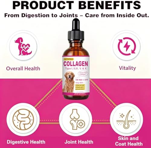 Premium Liquid Collagen for Dogs & Cats - 5 Types of Grass-Fed Collagen (I, II, III, V & X) - Supports Skin, Coat, Hips & Joints | Allergy and Itch Relief | Biotin, Vitamin C and Hyaluronic Acid