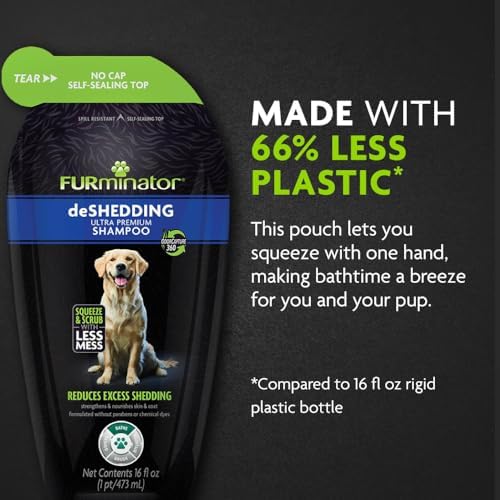FURminator Ultra Premium deShedding Shampoo for Dogs, 16 oz Pouch | Self-Sealing Spill Resistant Pouch, Reduces Excess Shedding, Helps Remove Wet Dog Smell, No Parabens or Dyes, Fresh Scent