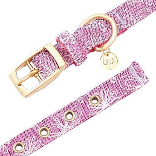 Blueberry Pet Lace Floral Stamping Adjustable Dog Collar in Iconic Pink, Neck 13-16.5", for Medium Breed