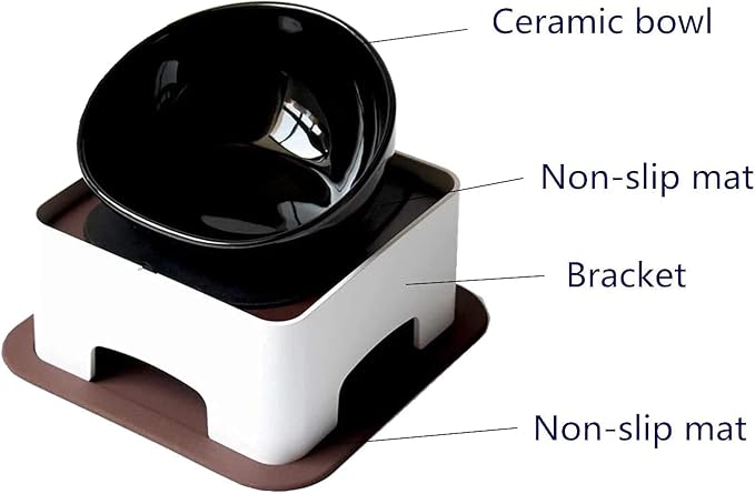 Bulldog Bowl Anti-Slip Dog Cat Dish Detachable Dog Bowls Pet Sterile Tilted Pet Feeder Slope Base (Black,Ceramic - 1.5 Cup