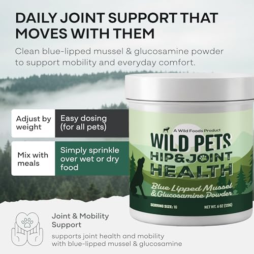 Wild Pets Blue Lipped Mussel & Glucosamine – Dual-Action Dog Hip & Joint Supplement – 500mg Mussel + 500mg Glucosamine per Scoop – 6oz/120 Servings – Higher Protein Than Green lipped Mussels for Dogs