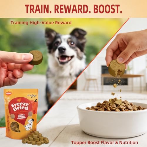 MAJOR PETS Freeze Dried Turkey Dog Treats with Pumpkin & Cranberry, Limited Ingredient High Protein Snacks for Digestive & Urinary Health, Grain Free, Training Reward & Meal Topper, Made in USA, 10oz