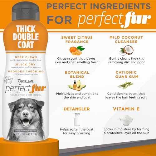 TropiClean Perfect Fur Detangling & Deshedding Shampoo, 16oz | For Breeds with Thick Double Coats | Natural Moisturizing Formula | Puppy Safe
